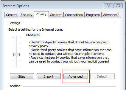 Click on the Advanced button on the Internet Options popup window