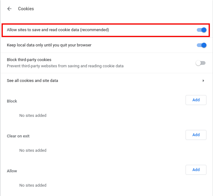 The allow sites to save and read cookie data is also the first entry in the Cookies section.