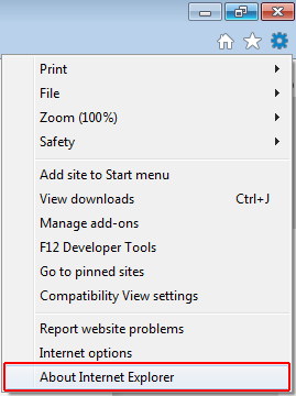 Image of IE11 Options Menu with About Internet Explorer Selected