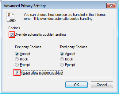 Check the boxes for Override automatic cookie handling and Always allow session cookies