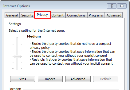 The Privacy Tab on IE11 Internet Options popup window